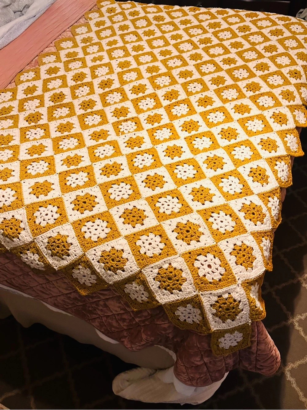 Vintage Crochet Granny Square Afghan Blanket Marigold & Cream  7’x5’